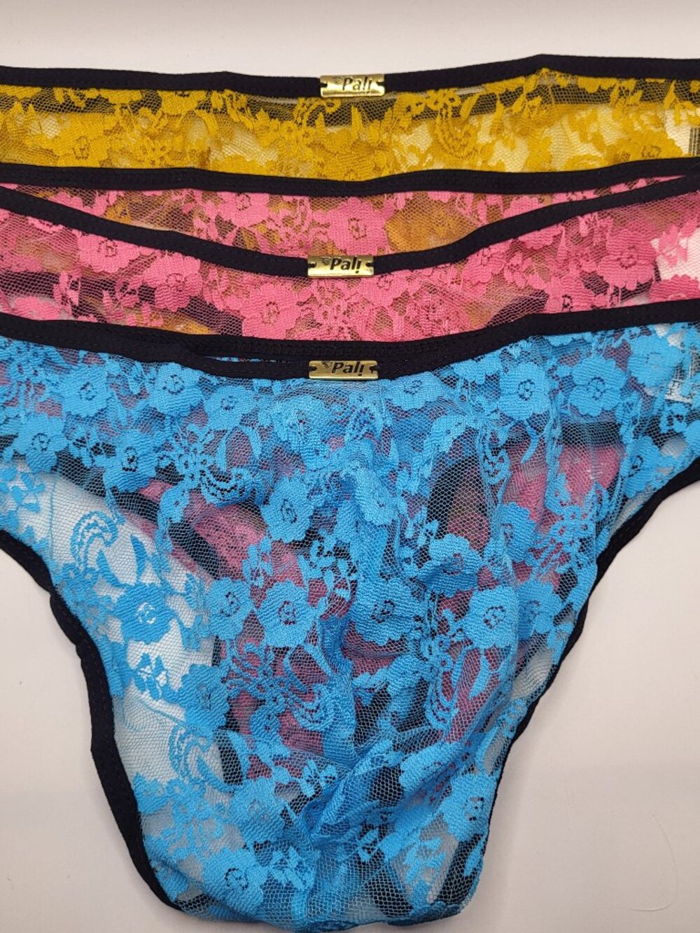 NEW Pali 3 Pk Lace Thong Underwear for Women sz M Blue Mustard Pink